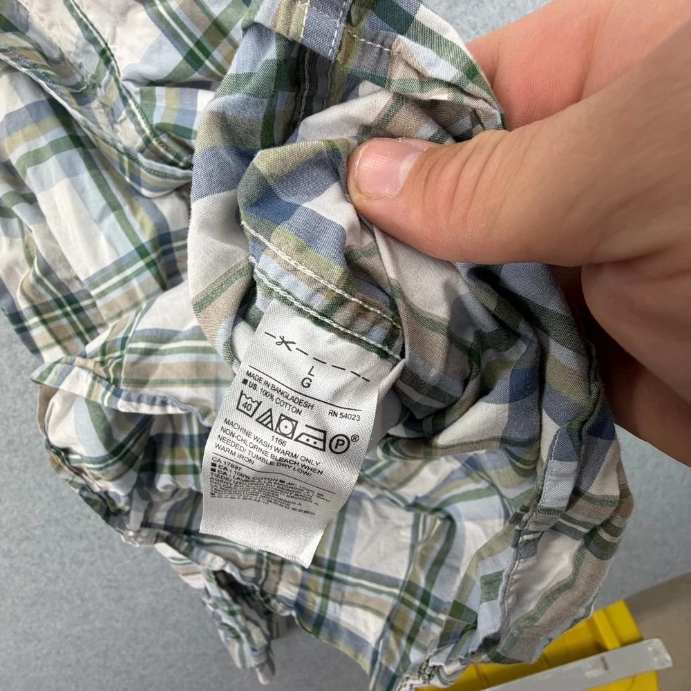 Banana Republic Mens Large Plaid Button Down Shirt Soft Wash Standard Fit Green‎